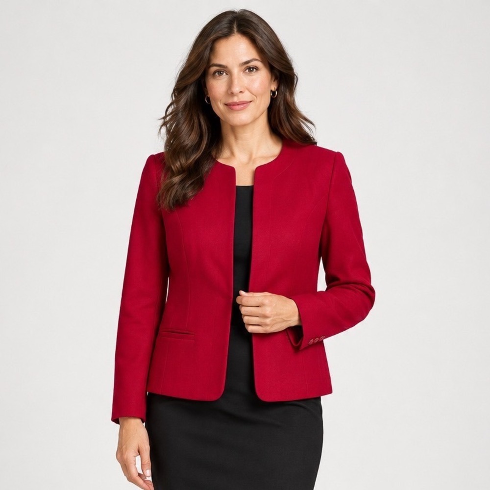 VTG Talbots Blazer Women 12 Red Pure Wool Collarless Open Front Holiday Classic